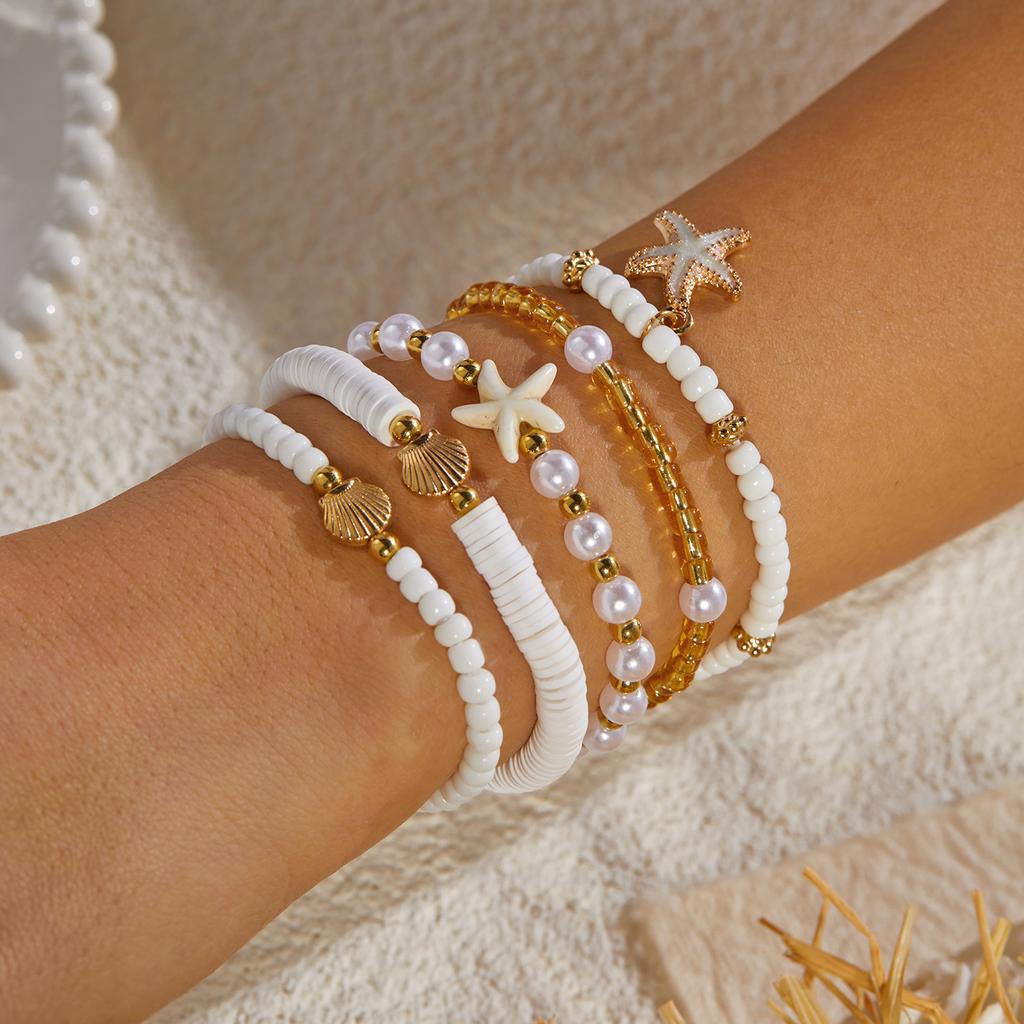 3/8 Pcs Bohemian Shell Starfish Bead Bracelet Set for Women Summer Beach Multilayer Stacked Pearl Bracelets Party Charm Jewelry