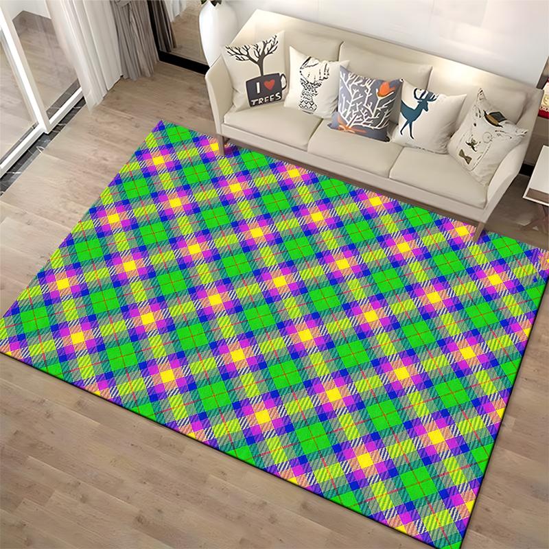 Colorful Plaid Pattern Carpet, Bright Green, Yellow, Purple Design Suitable for use as an anti-slip for living room bedroom sofas