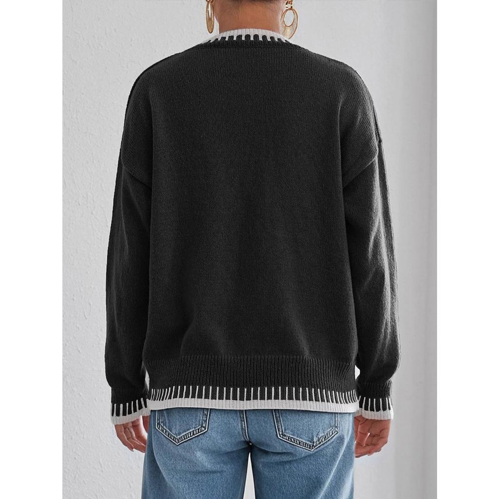 Fall Winter New Women Loose Color Block Patchwork Casual Pullover Sweater, European & American Style Ladies Top
