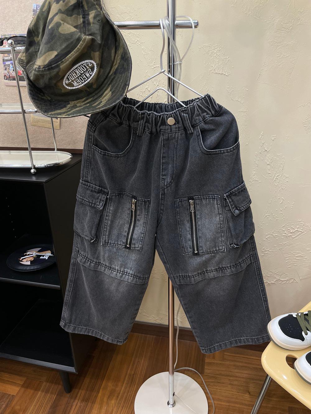 

Autumn 2025 Boys Retro Workwear Jeans with Vertical Zipper 110cm серый