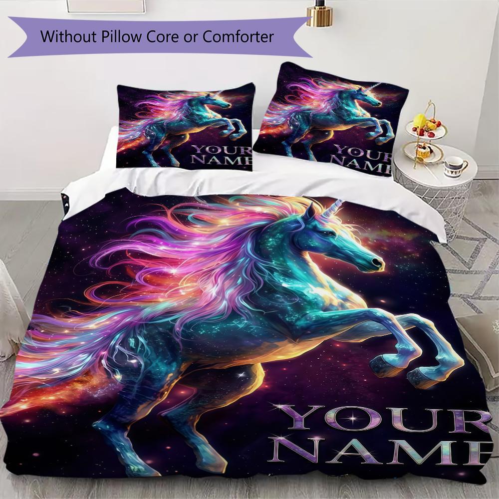 Custom Name Unicorn Fantasy Garden Bedding,Quilt Set Quilt Cover Pillowcase Home Birthday Gift(1 * Duvet Cover + 2 * Pillowcase, Without Core)_lx