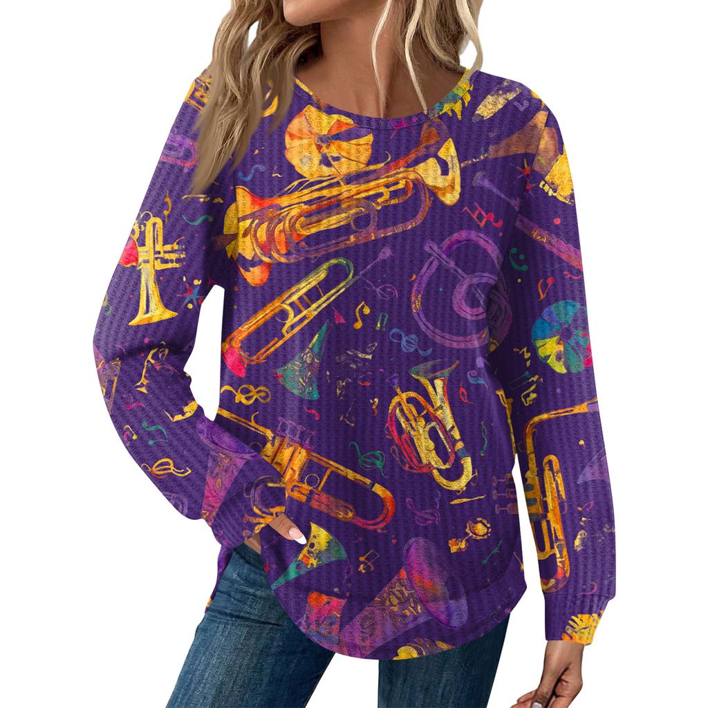 Women's Fashion  Loose Long Sleeve Carnival Print  Round Neck Casual Top