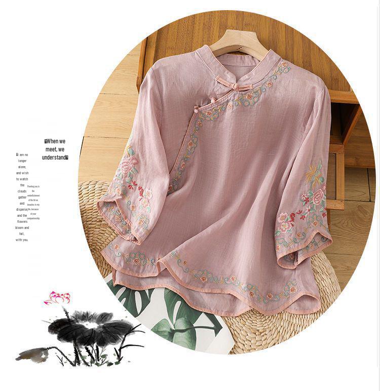 Vintage Chinese Embroidery Cotton-Linen Short-Sleeve Women's Top with Frog Buttons, Artistic Summer Oblique Lapel, National Style, Loose Fit.