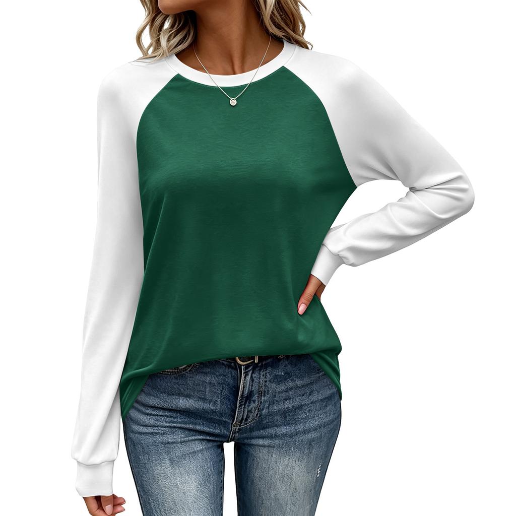 Women's Casual Color-Block Raglan Long Sleeve Top with Round Neck