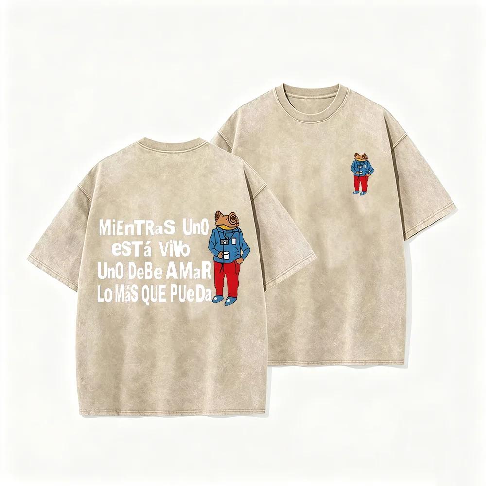 2026 Spanish Quote Cool Frog With Camera Graphic Vintage Washed T Shirt Latin Music Lover Casual Oversized Short Sleeve Streetwe