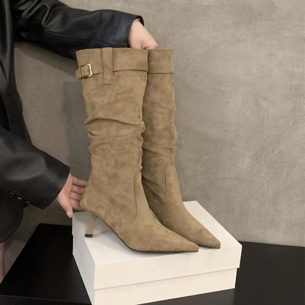 Boots Women  New Fashion Pleated Women's Knee-high High Heel Ladies Pointed Knight Boots High Quality Knee High Boots D468