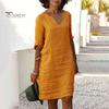 Casual Dress Summer Lady V Neck Three Quarter Sleeves Loose Solid Color Knee Length Simple Style Daily Wear Commute Midi Fit