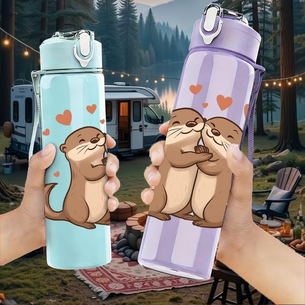 1PC Loving Otter Couple 750ml Color Plastic Sports Water Bottle Leakproof Flip Straw Lid Suitable for Sports Office Home Use