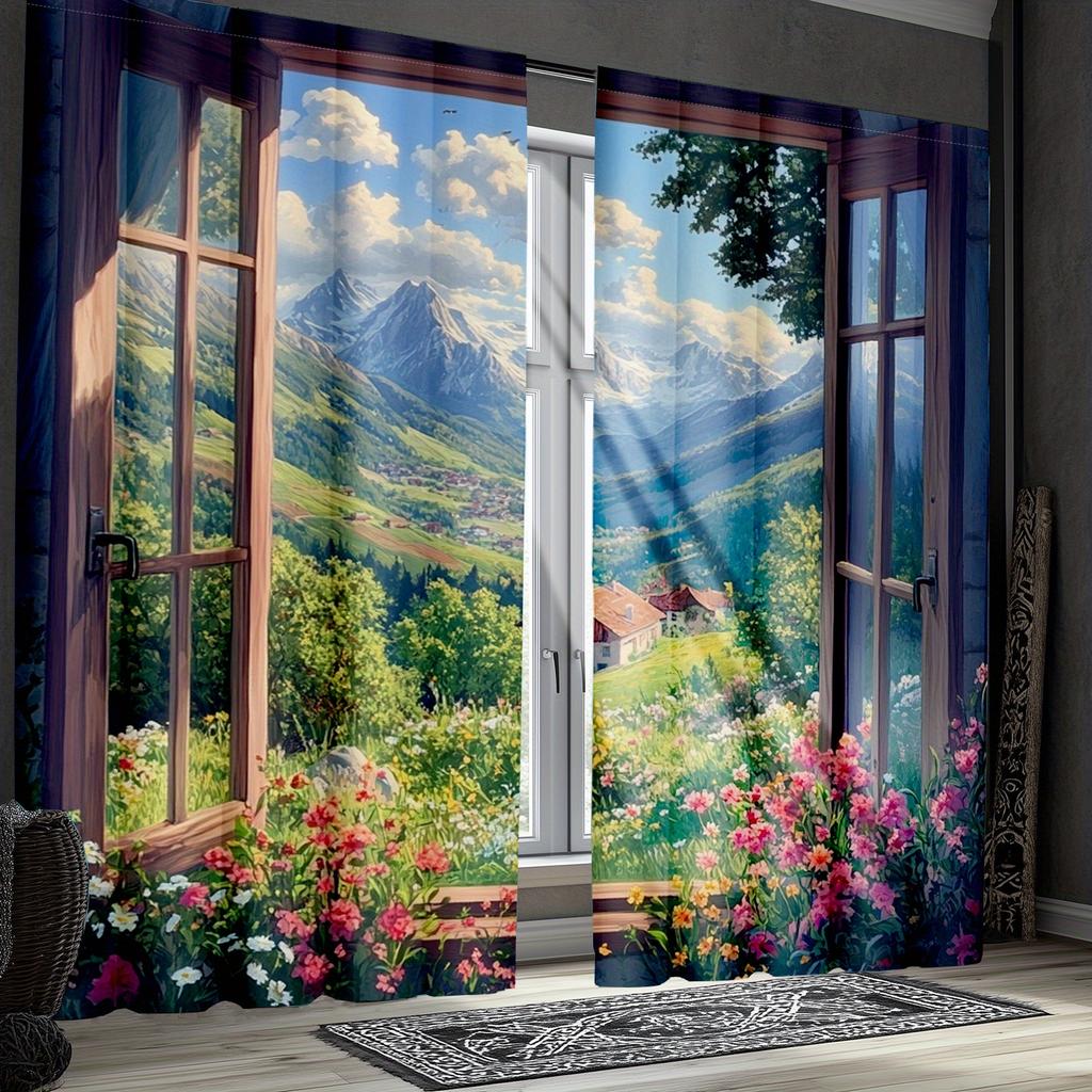 2pcs Nature-Inspired Mountain Blackout Curtains   Spring Sky and Flower Insulated Drapes for Bedroom Living Room
