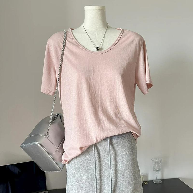 Gentle girly U-neck short-sleeved women s summer Korean version small age-reducing pink T-shirt temperament versatile top S