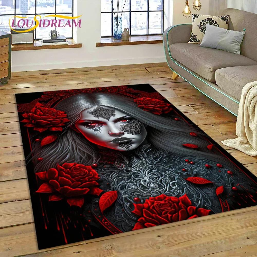 Totenkopf Totes Mädchen 3D Gothic Horror Weiblich Rose Teppich für Wohnzimmer Schlafzimmer Dekoration, Rutschfeste Dekoration für Sofa Fußmatte Geschenk