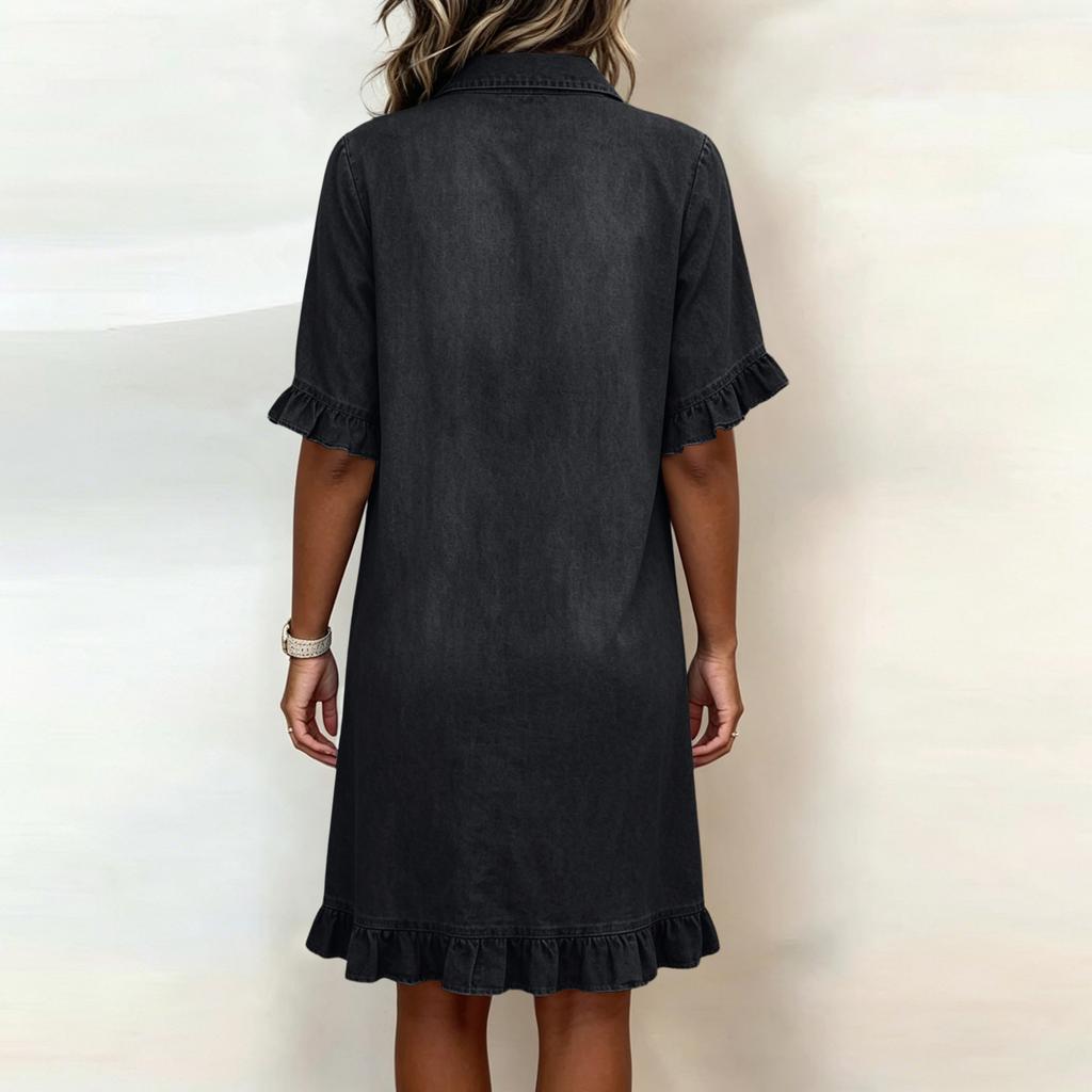 Casual Women Shirt Dress Button Down Ruffle Hem Short Sleeve Lightweight Loose Fit Summer Dress