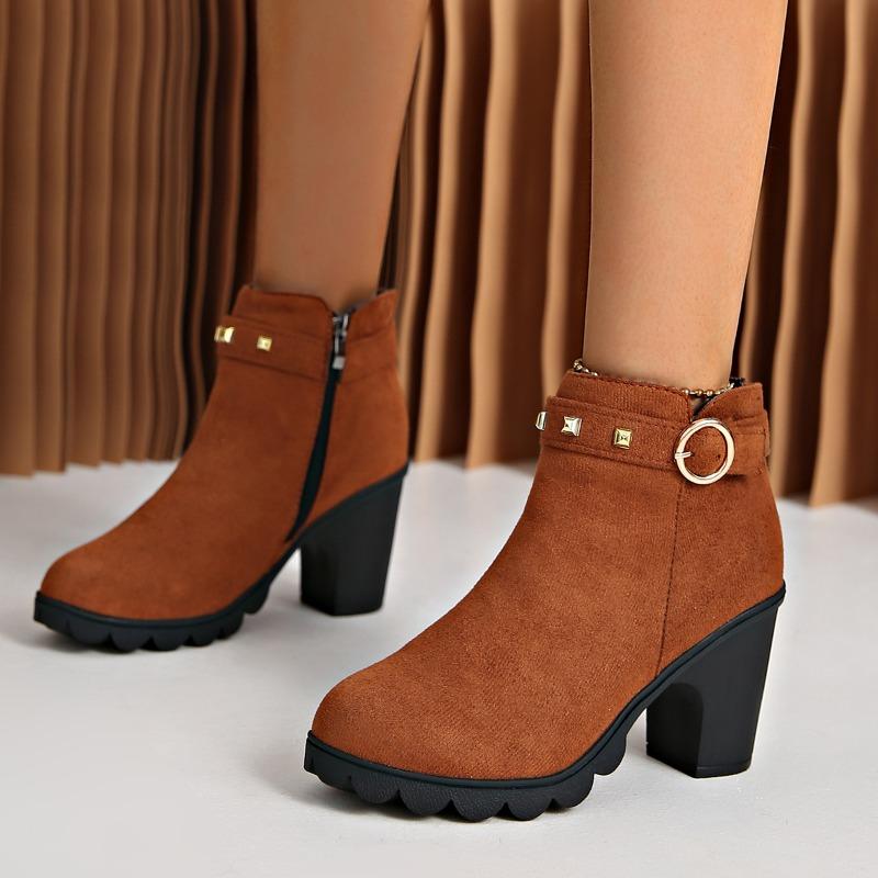 Fashion Women High Heeled Ankle Boots Retro Suede Leather Casual Boot Designer Riveted High-heeled Boots Side Zipper Women's Short Botas