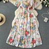 Seaside Holiday Sle Printed Chiffon Dress Women Summer New V-neck Waist Hugging Slimming Mid-Length Large Swing Skirt Fashion