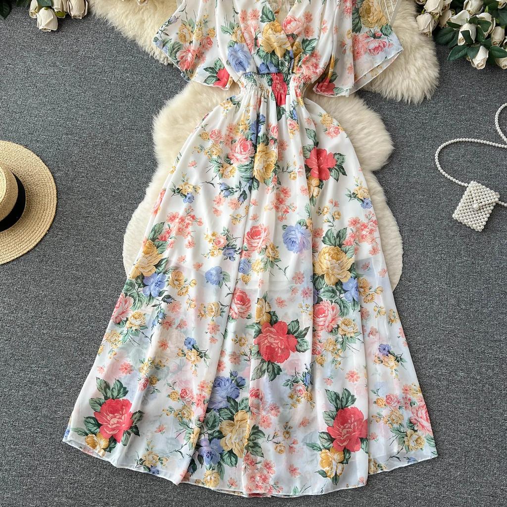 Abito Chiffon Stampato Sle Vacanza al Mare Donna Estate Nuovo Scollo a V Aderente in Vita Snellente Lunghezza Media Ampia Gonna a Ruota Moda