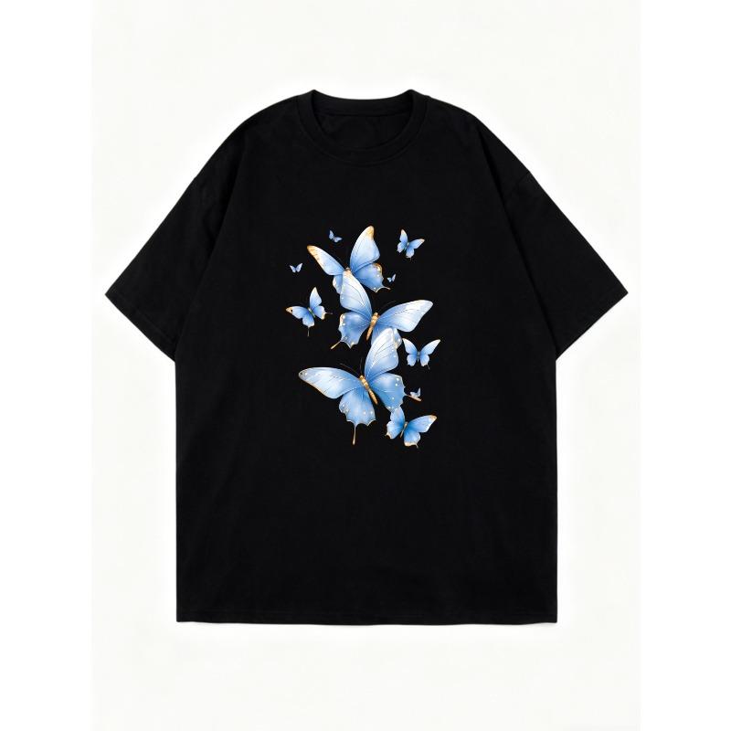 Oversized T Shirt Dress Black Blue Butterflies Print Casual Wear