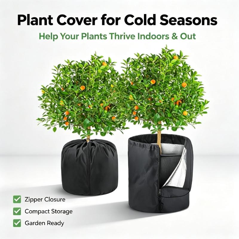 Cold Wind Plant Cover with Vertical Opening, Fabric and Gathered Cord Closure for Potted Bushes and Small Trees