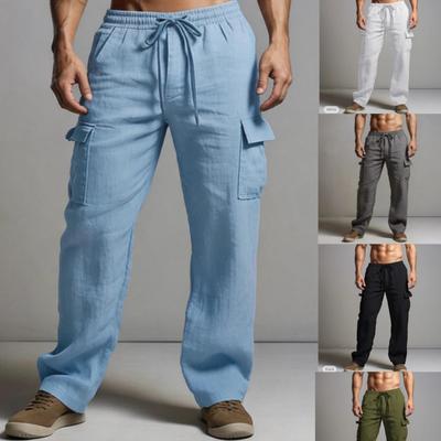 Men S Straight Leg Cargo Pants Drawstring Waist Solid Casual Trousers