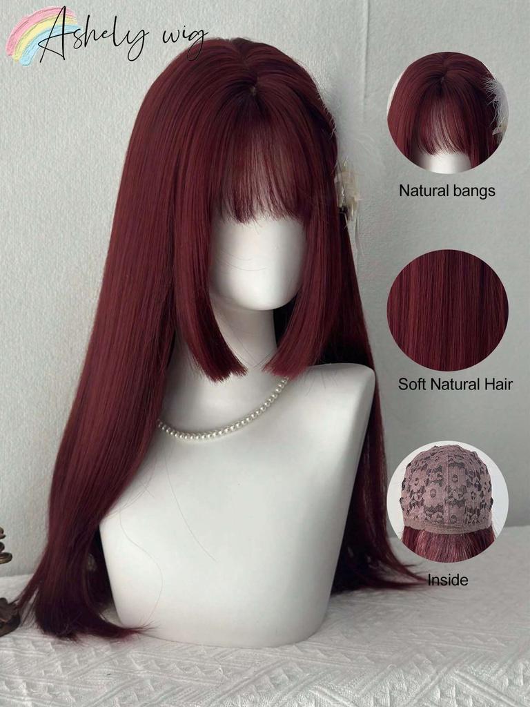 Ashely Cosplay Burgundy Long Straight Wig with Bangs 24 Inch Red Synthetic Wigs for Women Fashion Daily Party Wigs Lolita Wig