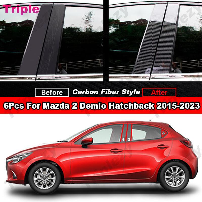 For Mazda 2 Demio Hatchback 2015- 6Pcs Glossy Piano Black Car BC Pillar Post Cover Trim Carbon Fiber PC Material Sticker