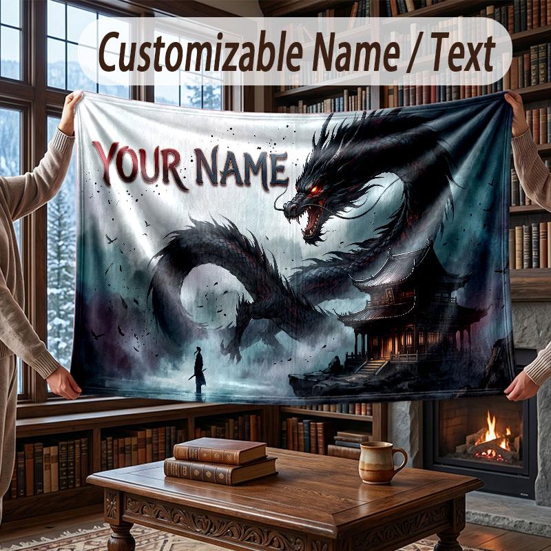 Dragon Theme Throw Blanket Custom Name Text Personalized Blanket Soft Cozy Blanket for Home Sofa Bed