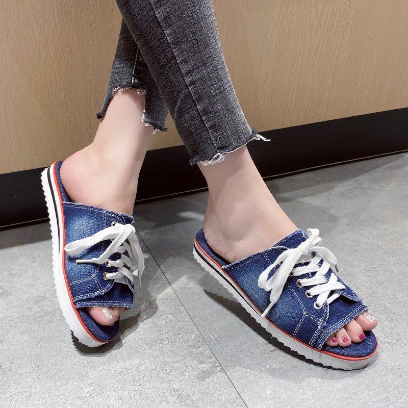 Moda Kobiety Płócienne Płaskie Pantofle 2024 Kobieta Sznurowane Damskie Peep Toe Nowe Damskie Casualowe Damskie Modne Denimowe Buty Plażowe Plus Rozmiar 35-43