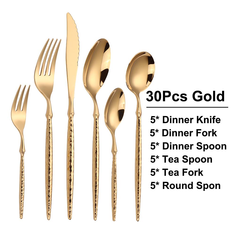 24/30/36Pcs Gold Cutlery Stainless Steel Sliver Tableware Set Hammer Pattern Handle Dinner Set Mirror Western Knife Spoon Fork