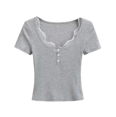 Summer New Female Spice Girl Style Contrasting Color Lace Square Neck Short-sleeved T-shirt Slim-fitting Design Bottoming Top
