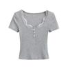 Summer New Female Spice Girl Style Contrasting Color Lace Square Neck Short-sleeved T-shirt Slim-fitting Design Bottoming Top