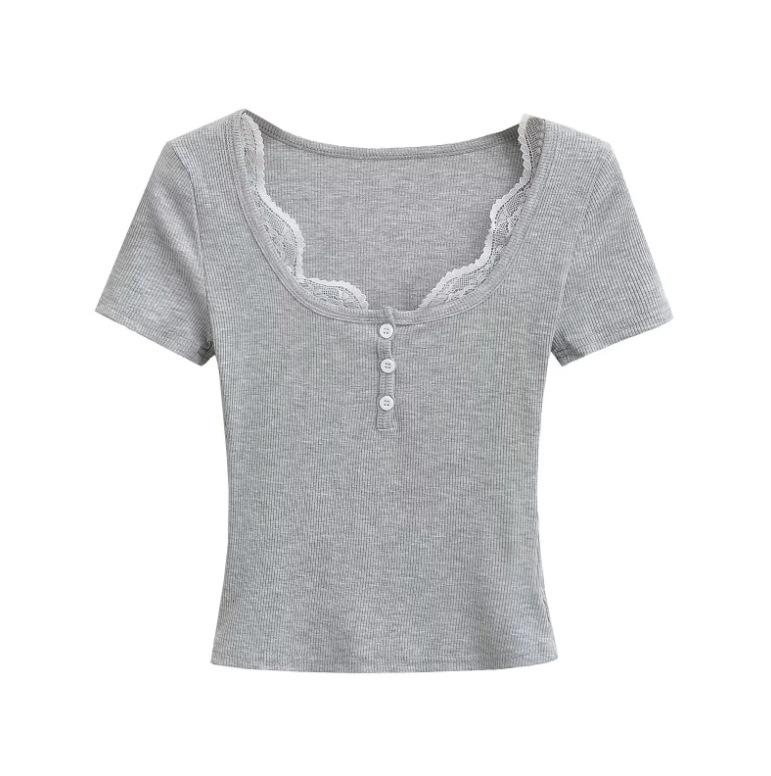 Summer New Female Spice Girl Style Contrasting Color Lace Square Neck Short-sleeved T-shirt Slim-fitting Design Bottoming Top