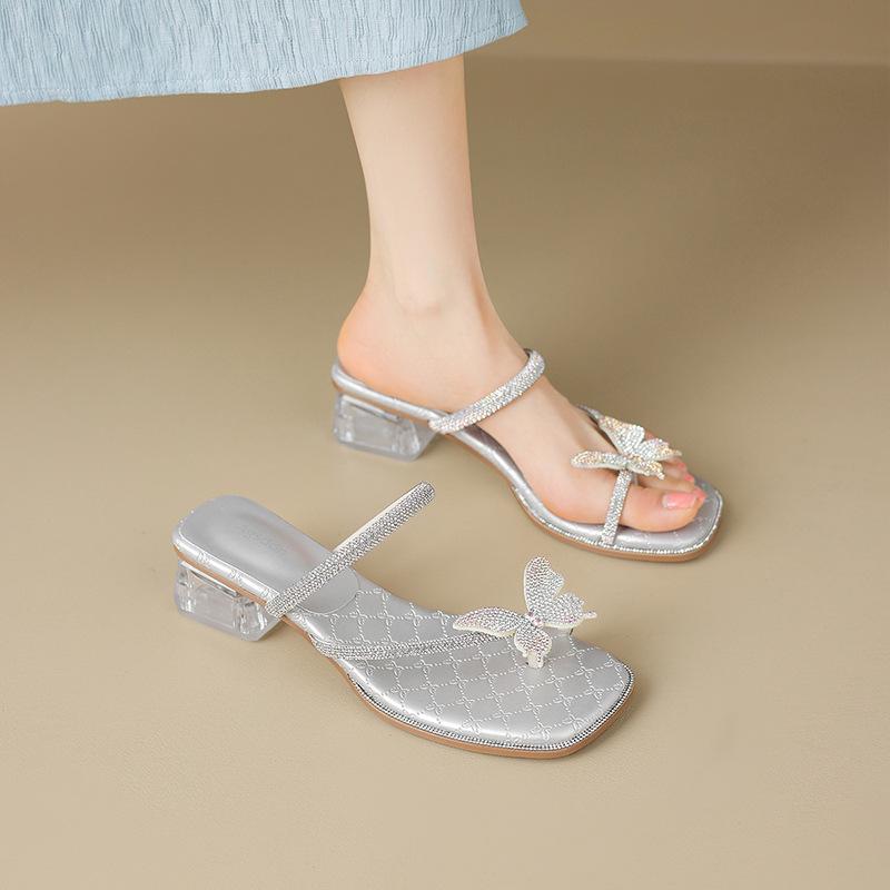 Augustine thick-heeled slippers women's summer wear 2025 new butterfly sandals toe-to-toe temperament high heels