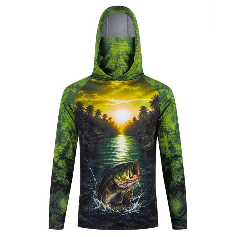 Mens UPF 50 Quick-Dry Fishing Hoodie With Face Cover Breathable Sun Protection Shirt Outdoor Angling Hiking Cycling