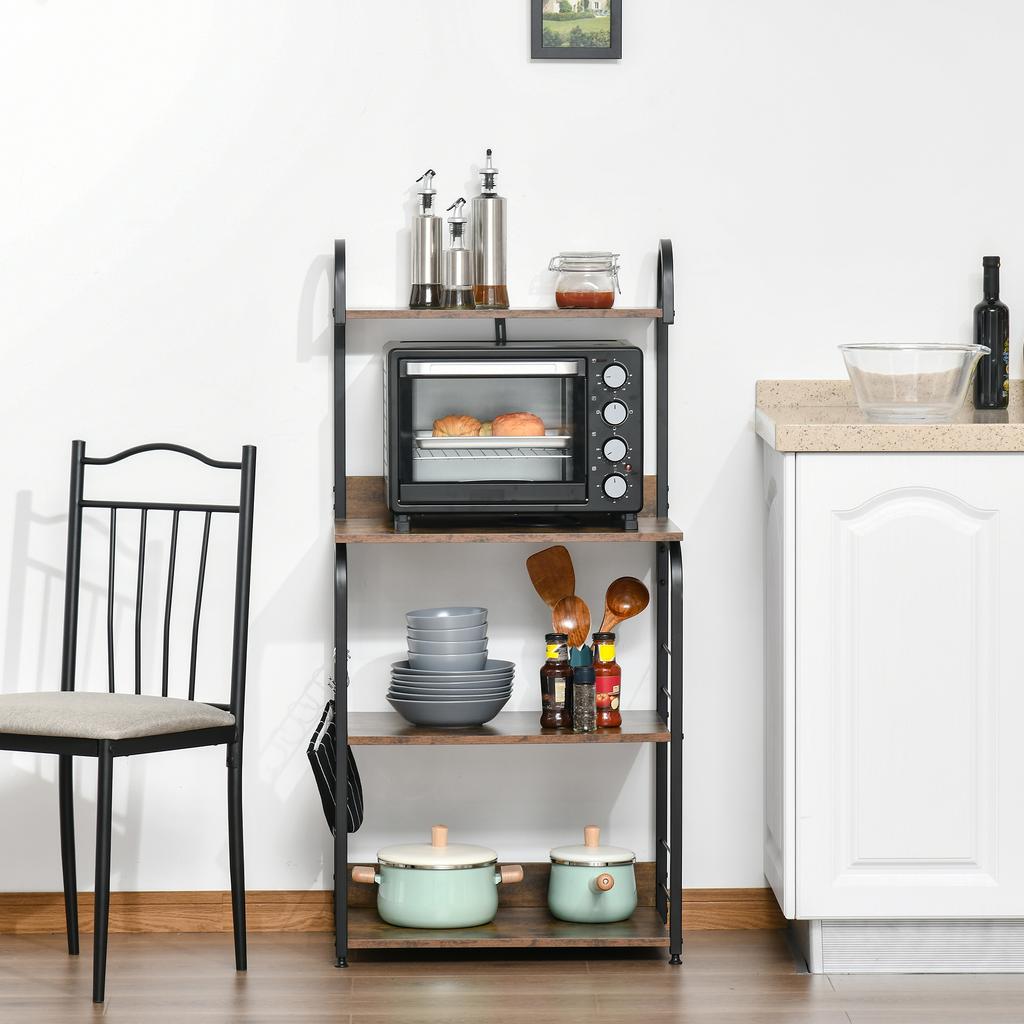 4-Tier Baker's Rack, Microwave Stand with 4 Hooks, Kitchen Storage Unit for Spices, Pots and Pans, Rustic Brown