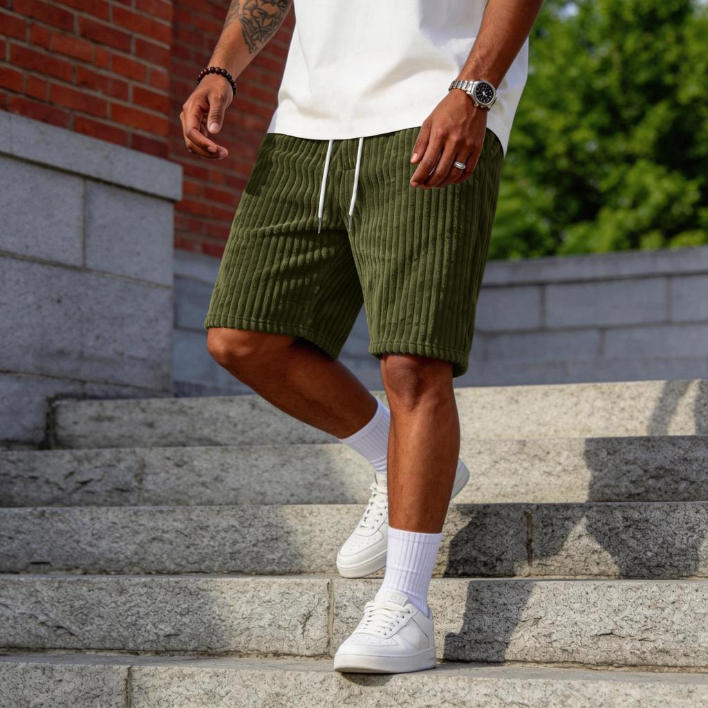 Men’s Corduroy Shorts with Patch Pockets Relaxed Fit Mid Length Elastic Waistband Casual Design