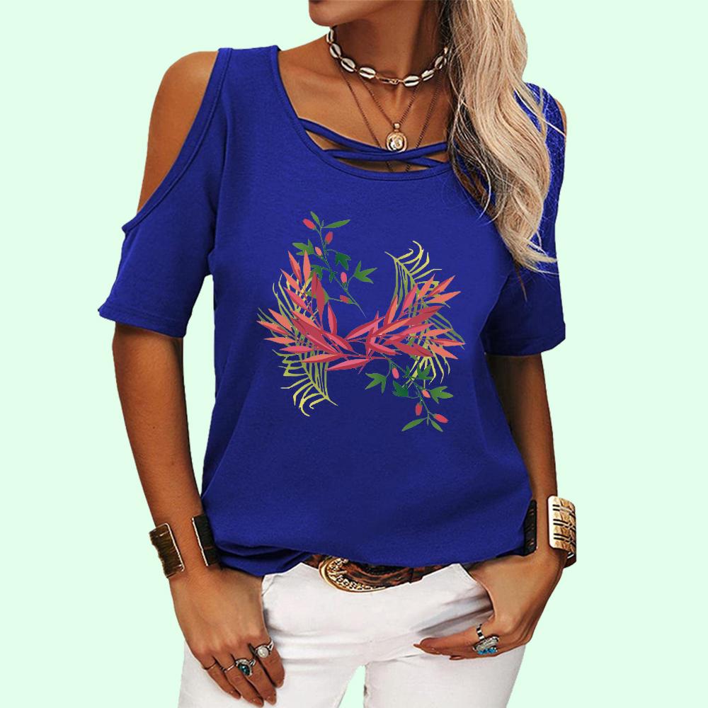 Women Fashion Round Collar Floral Print Tee Shirt Summer Pullover Off Shoulder Top Casual Short Sleeve T-shirt
