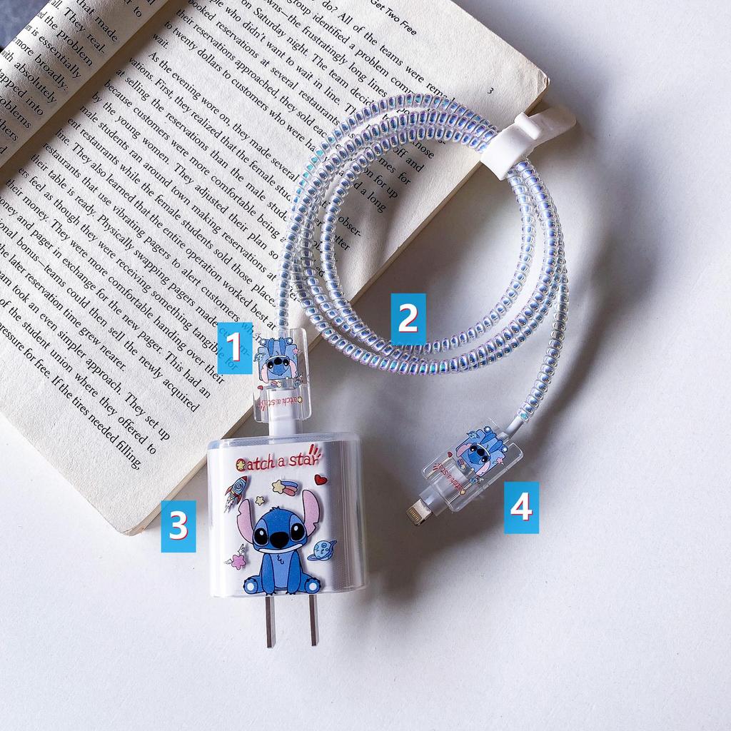 Apple Data Cable Protection Kit: 20W Charging Head, Transparent Cartoon Design, 4-Piece Set