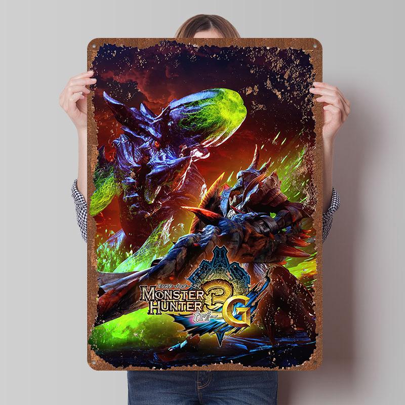 MMonster Hunter Tinplate Posters Custom Wall Art Vintage Metal Signs Retro Tin Plaque for Gaming Decoration Room Bar Accessories