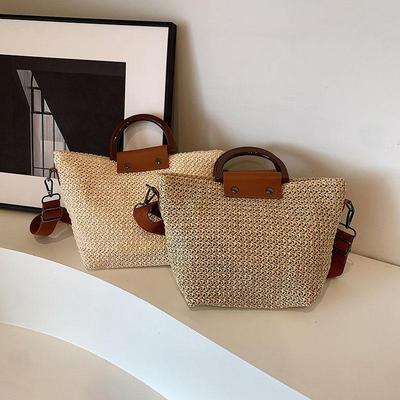 Letní dámská kabelka přes rameno kabelka s dřevěnou rukojetí Tkaná slaměná taška Bohemian Casual Lady Beach Fashion Crossbody