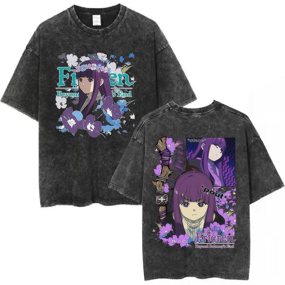 Anime Frieren: Beyond Journey's End Fern Washed Vintage T Shirt Men Women Clothing Harajuku Cotton Casual Short Sleeve T-shirts