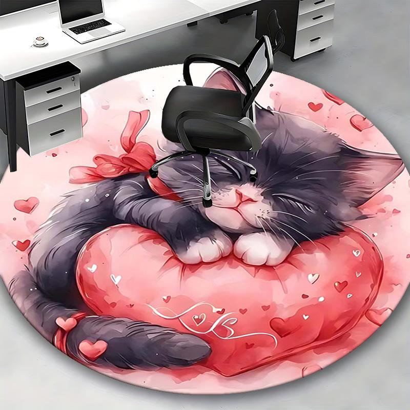 1pc Anime Design Round Carpet Cute Cat with Heart Print, Office Chair Mat, Non Slip Rug for Home Decor