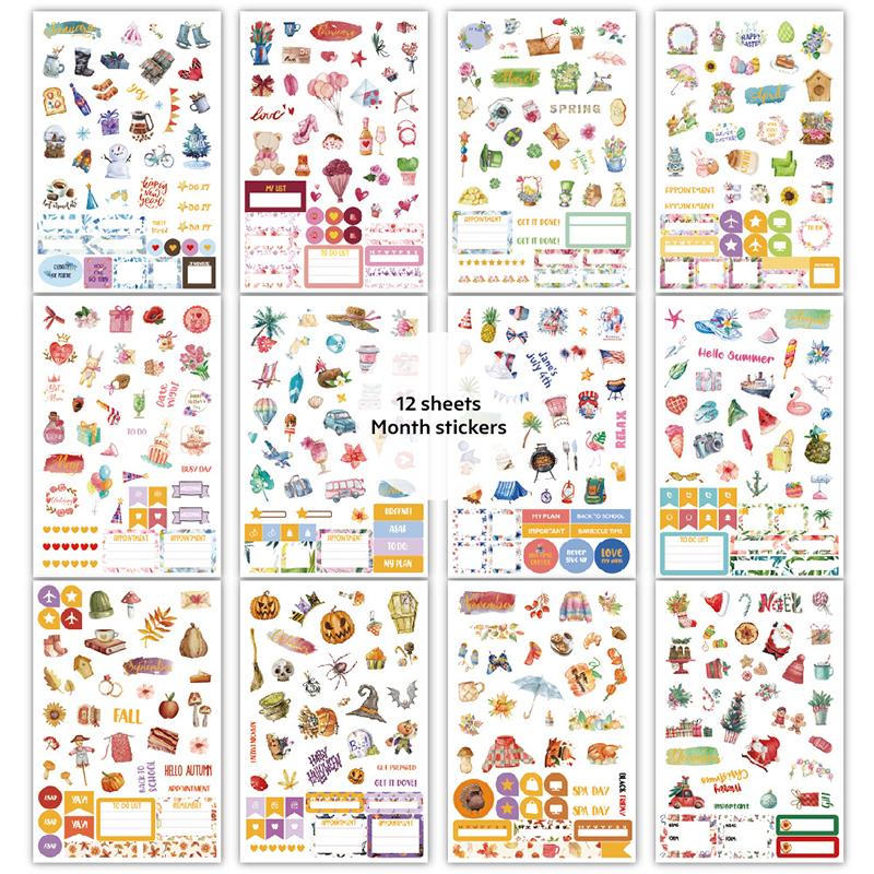 785Pcs Vintage Planner Decals Set Semi-Matte Paper Seals Reusable Irregular Shapes With 12 Month For Journaling English Language