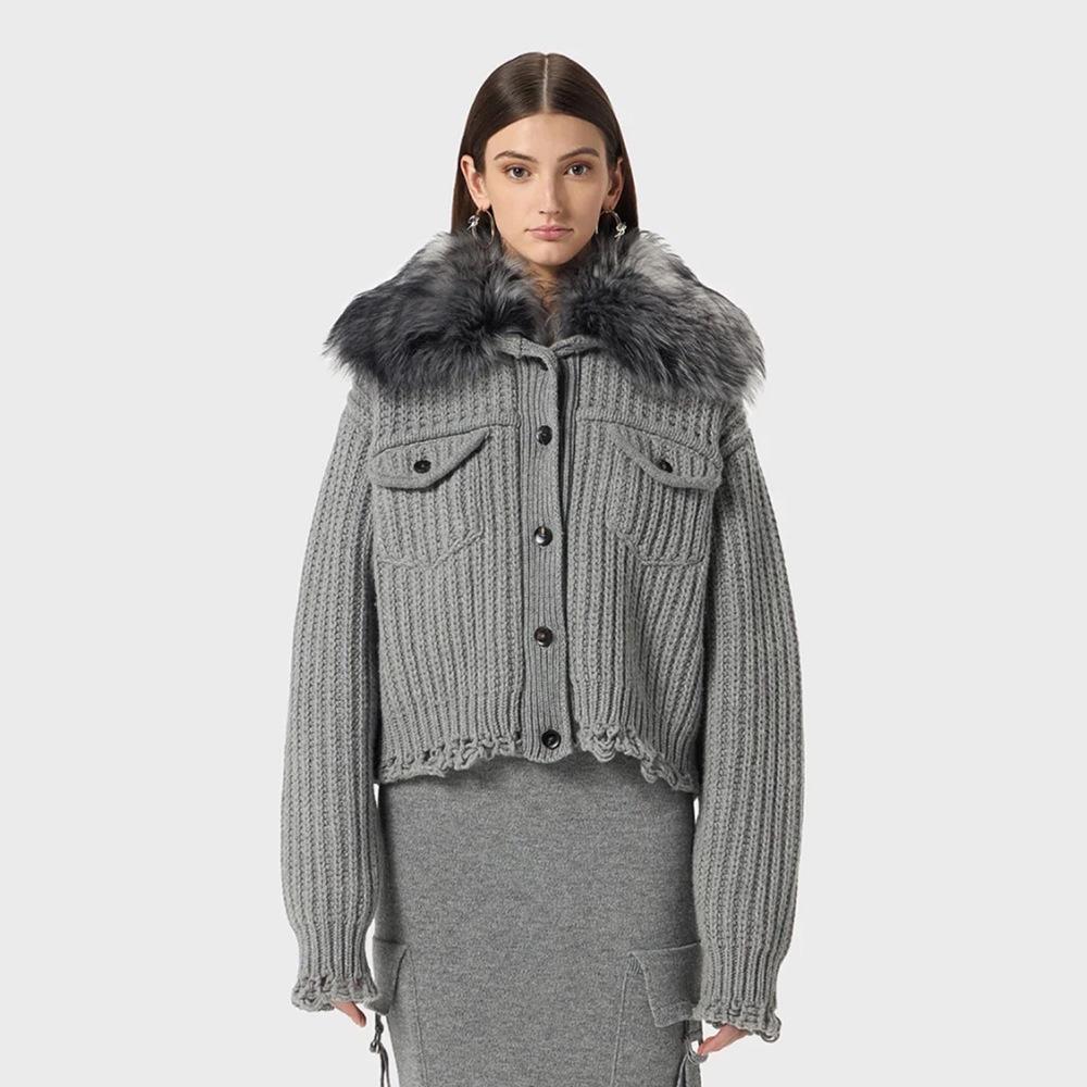 Women's Summer 2026 Knit Cardigan with Detachable Fur Collar