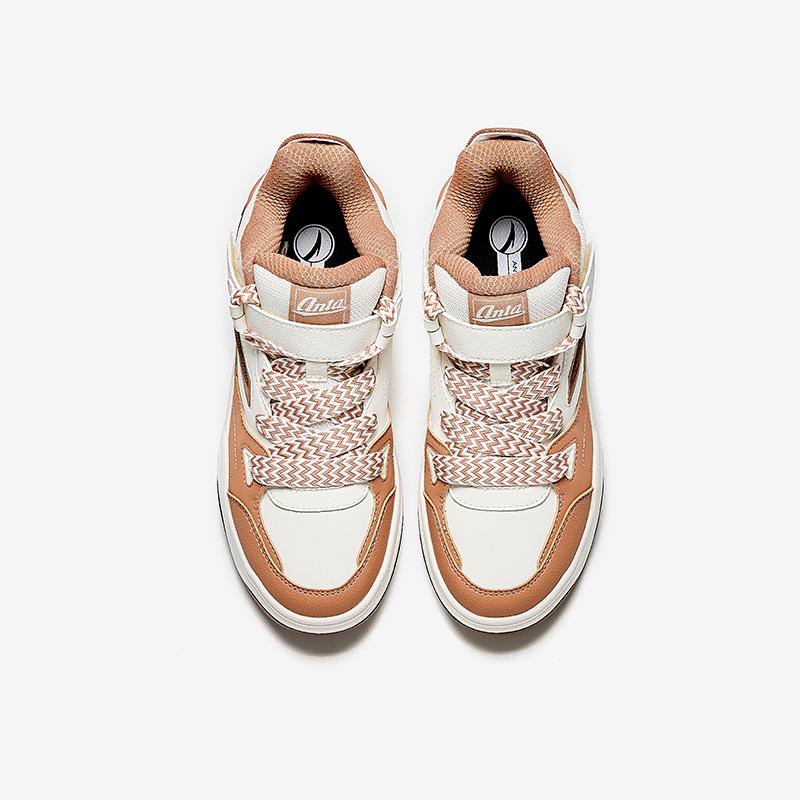 Anta Kids Synthetic Leather Fashion Versatile Lightweight Shock Absorbing High-Top Sneakers Kids Sneakers Ivory-White Lotus-Root-Brown A12448004-4
