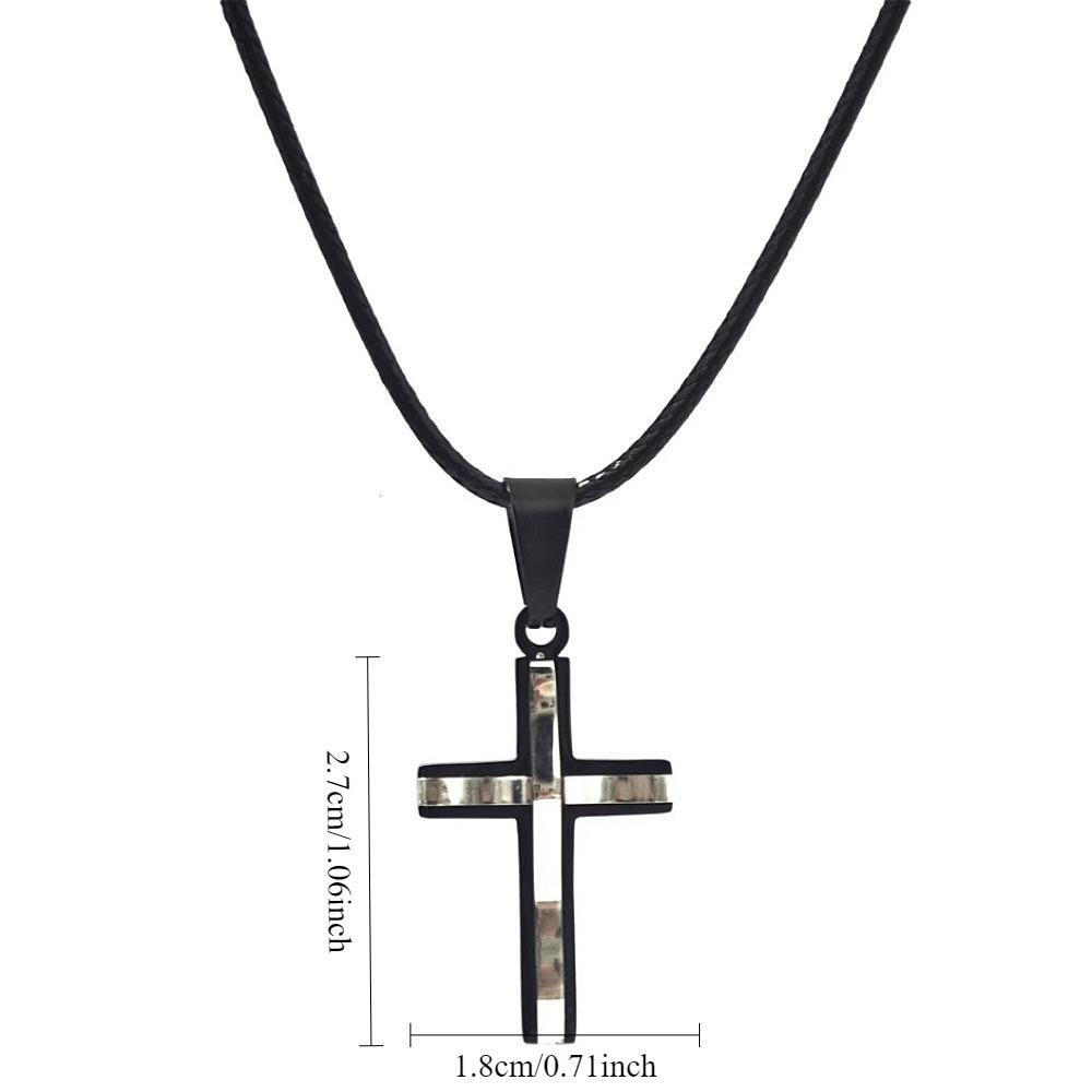 Stainless Steel Double-layer Cross Leather Rope Necklace for Women Men Silver&Black Trendy Jewelry Gift