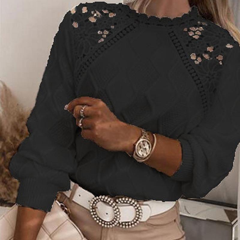 Women White Lace Crochet Neck Long Sleeve Knit Sweater Blouse