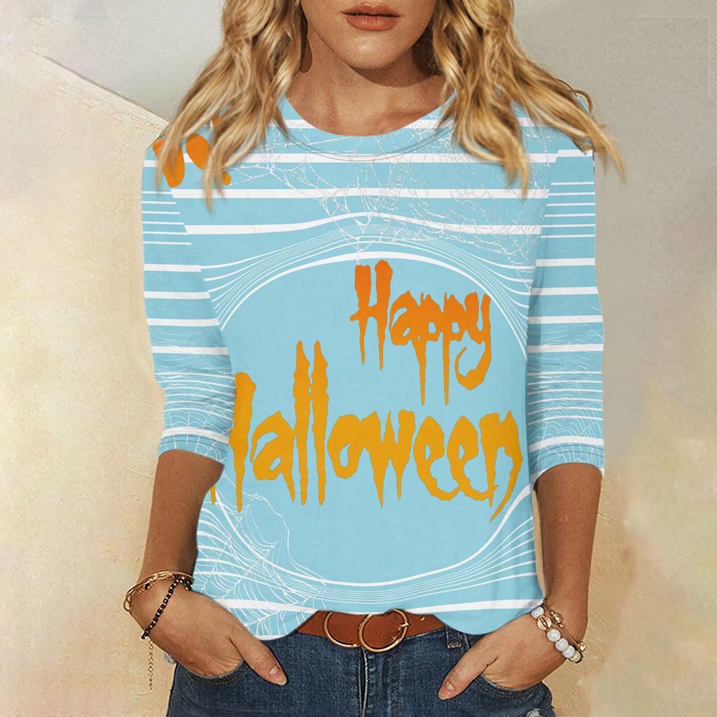 2024 New Women's Halloween Long Sleeve T-Shirt Spider Web Print Round Neck Casual Basic Loose Ladies Designer Tops