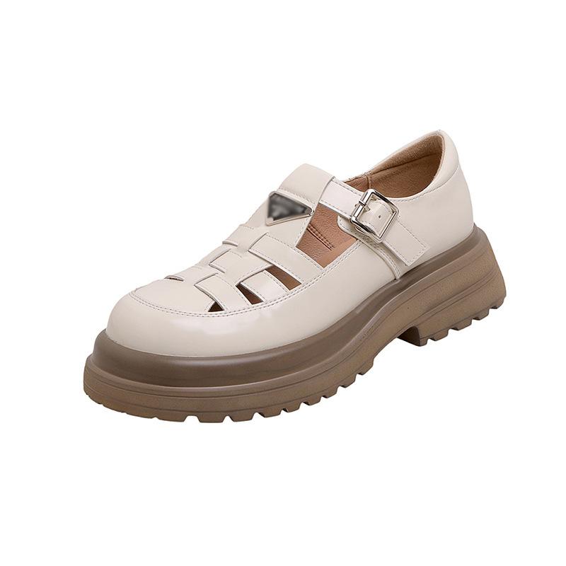 

Баотоу плетеные сандалии женские весенне-летние полые туфли-клетка из свиной кожи на толстой подошве маленькие кожаные туфли сказочные ретро одинарные туфли 40