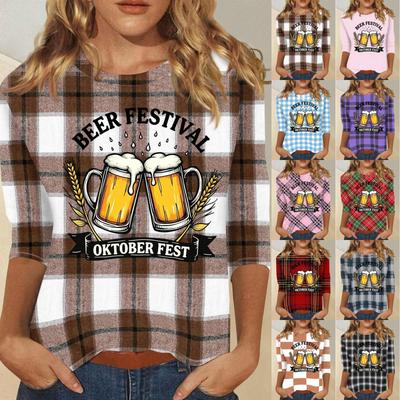 Women's Casual Three Quarter Sleeve Round Neck Top with Beer Festival Print Oktoberfest Design Lightweight Comfortable Fit