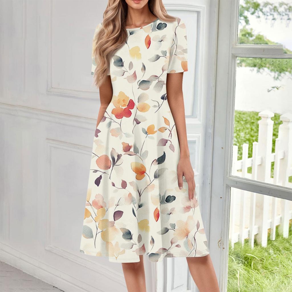 Dámské ležérní módní kulatý výstřih s krátkým rukávem a květinovým potiskem, midi šaty