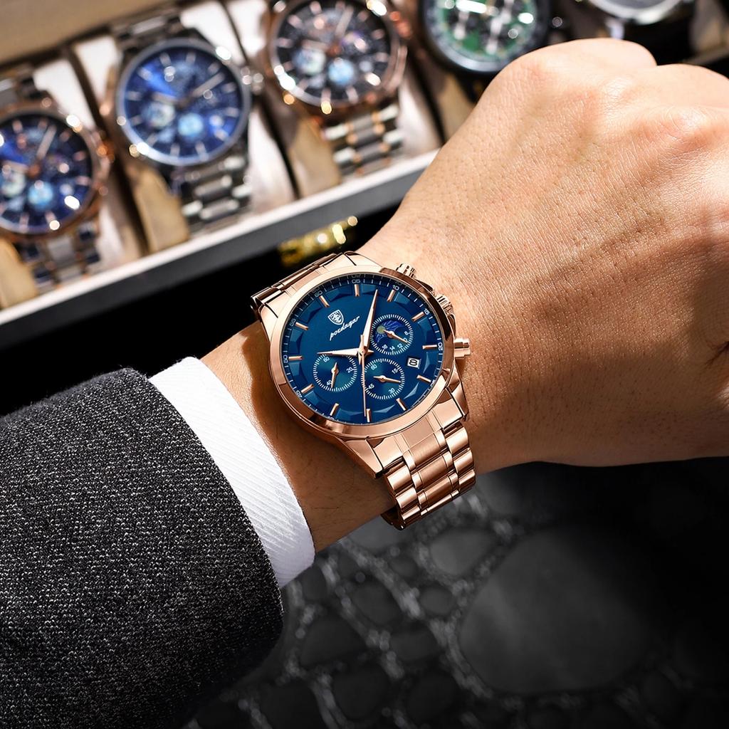 POEDAGAR Luxus Herrenuhr aus Edelstahl Chronograph Kalender Sportuhren für Herren Kleine Drei-Zeiger-Uhr Hohe Qualität Uhren